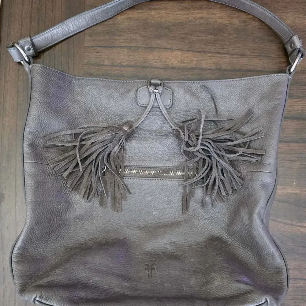 FRYE Grey Leather Hobo Bag with Tassel Detail